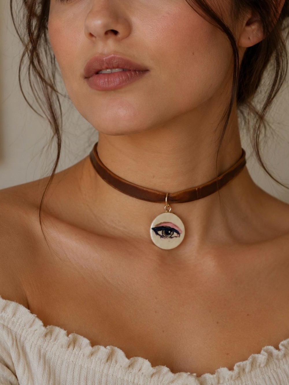 Hand-Painted Eye Pendant Brown Velvet Choker Necklace